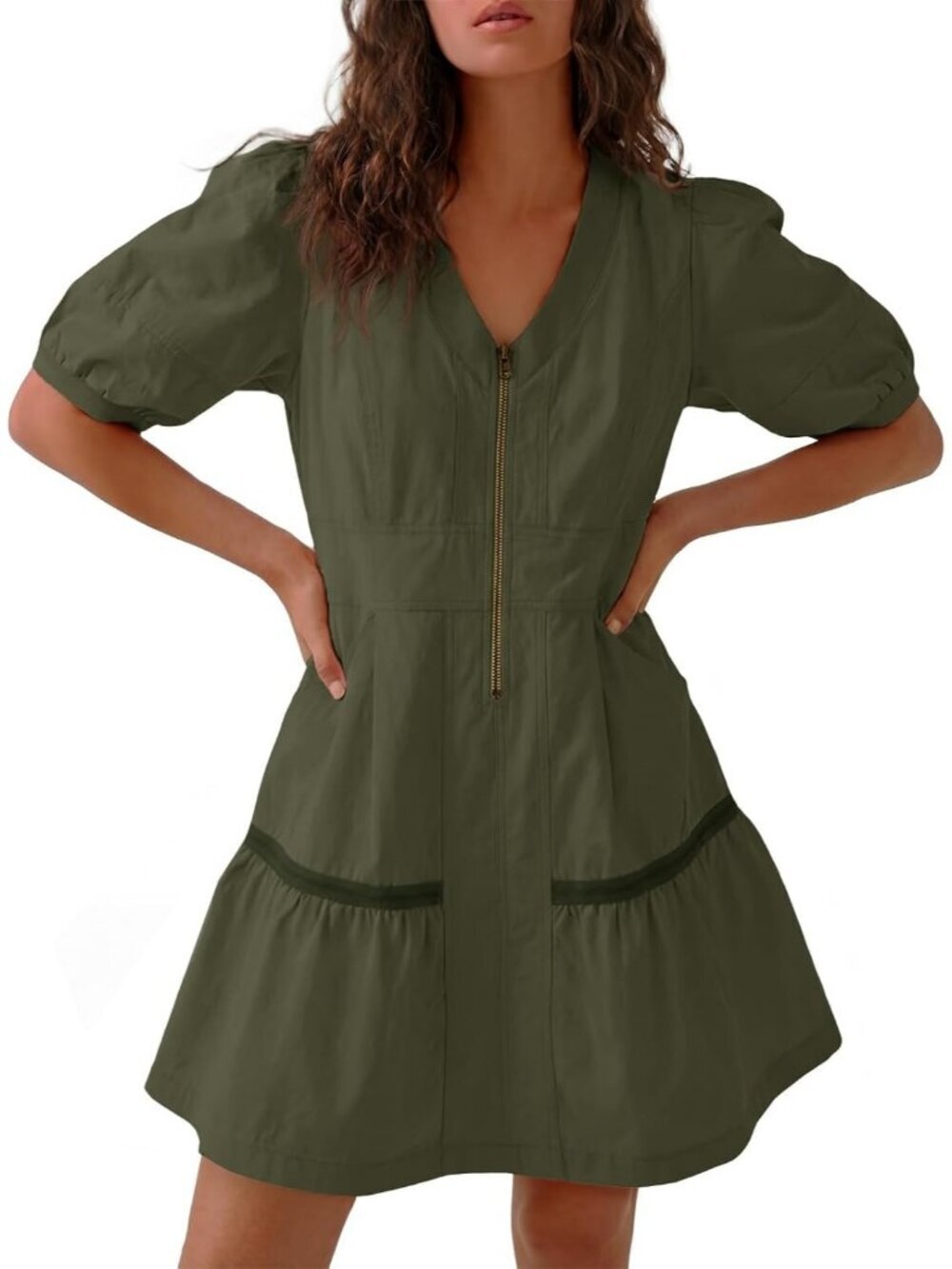 Women's Army Green V Neck Loose Mesh Back with Short Sleeve Half Zip Mini Dress - Picture 1 of 5